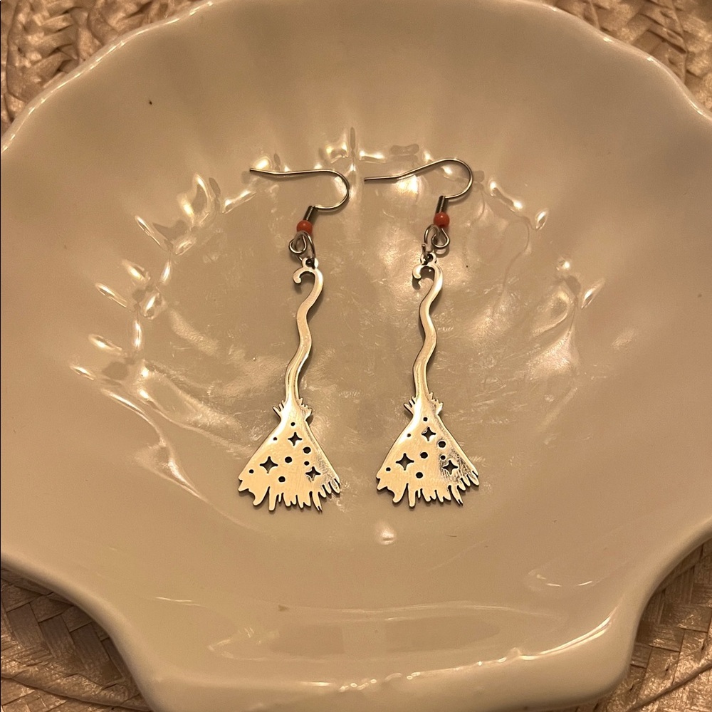 Witches Broom 🧹 Silver Dangle Earrings
